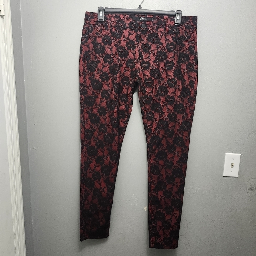 C Pink Women's Lace Overlay  Pants Size 13 Floral Black And Red